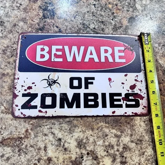 Beware of Zombies Metal Wall Sign - Red and White - Picture 1 of 3